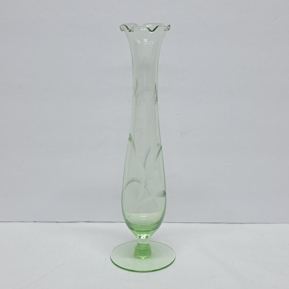 Vintage 1930s Uranium Art Glass Etched Floral Green Bud Vase 9.75” Ruffled Edge